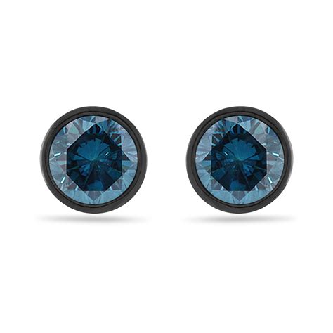 2.00 Carat Blue Diamond Stud Earrings, Bezel Set Earrings, 14K Black Gold Vintage Style ...