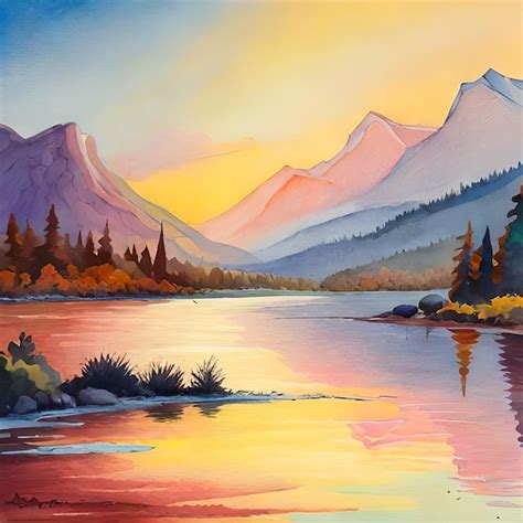 Premium AI Image | A painting of a mountain lake with a sunset in the background.