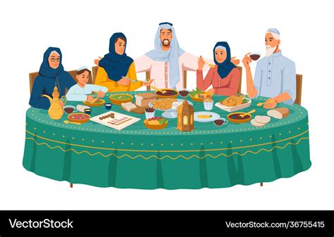 Muslim family at dinner iftar or ramadan holiday Vector Image