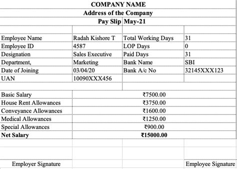 Salary Slip for 15000 per Month (with PF & without PF)