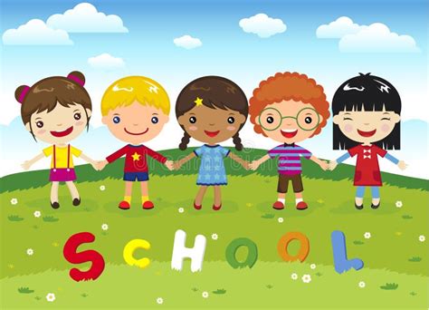 Cartoon Kids School on Grass Stock Vector - Illustration of cute ...