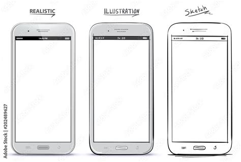Mobile Phone Vector Drawing With Different Styles. Realistic, Illustration and Sketch ...