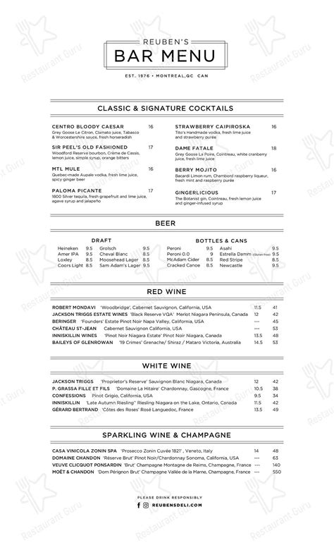 Menu at Reuben's Deli & Steakhouse, Montreal