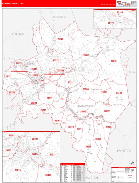 Kanawha County, WV Zip Code Wall Map Red Line Style by MarketMAPS