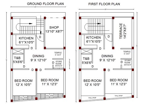 2 Bedroom House Ground Floor And First Floor Plan AutoCAD File - Cadbull