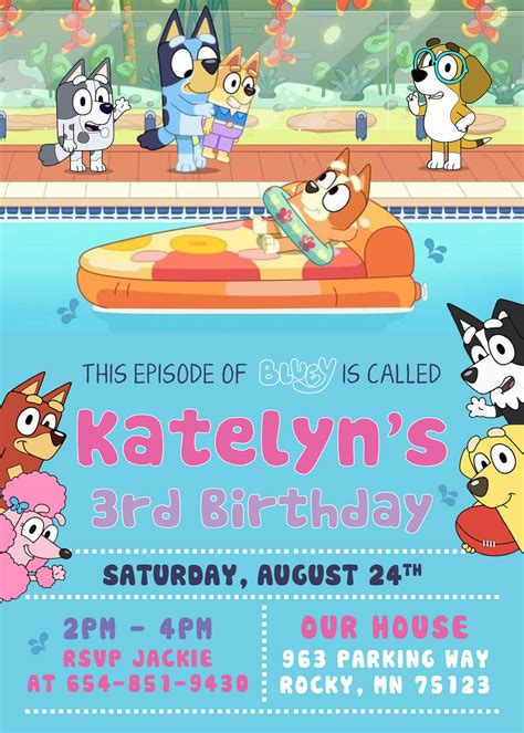 BLUEY Pool Party Birthday Invitation with or without Photo - Printed o – BinvitedDesigns