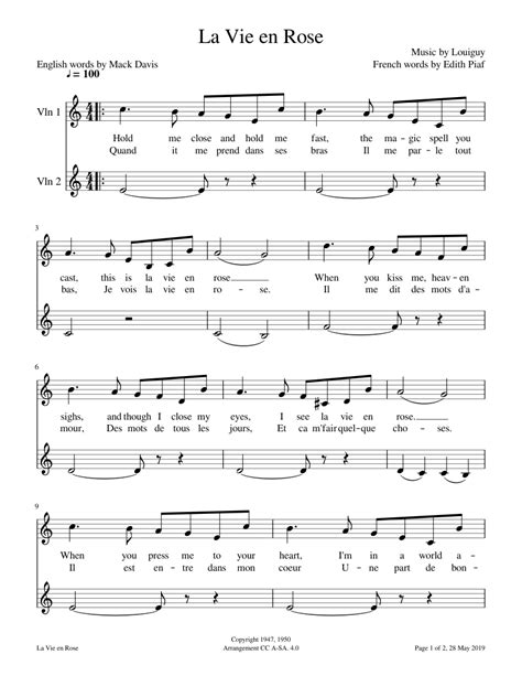 La Vie en Rose Sheet music for Violin | Download free in PDF or MIDI ...