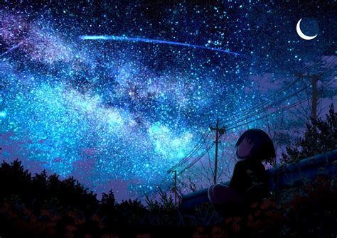 Download Night Shooting Star Starry Sky Anime Original HD Wallpaper by クメキ