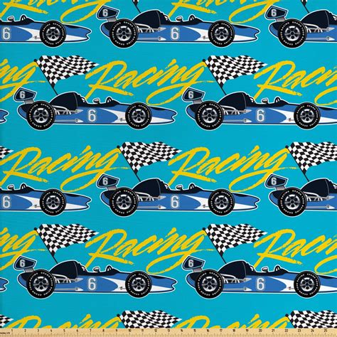 Race Car Fabric by The Yard, Racing Cursive Calligraphy with Flags in ...