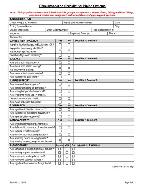 Visual inspection checklist.pdf | Leak | Pipe (Fluid Conveyance)