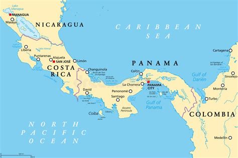 Costa Rica and Panama, Isthmus of Panama and Darien Gap, Political Map ...