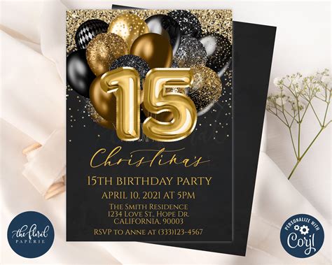 Black and Gold Birthday Invitation Template Editable 15th - Etsy