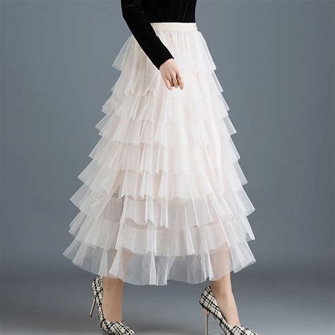 Womens Cakee Layered Maxi Long Tulle Skirts Streetwear Tiered Mesh Ruffled Tutu Ankle Long ...