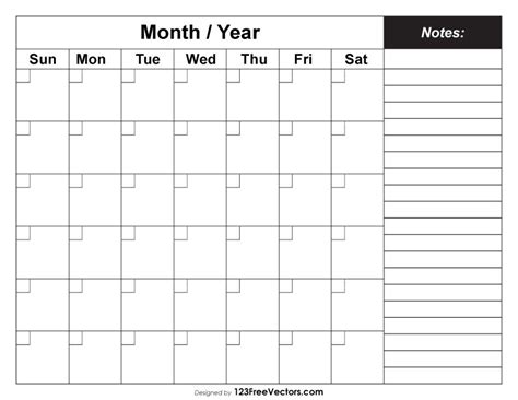 Printable Blank Monthly Calendar with Notes | Blank calendar template, Monthly calendar ...