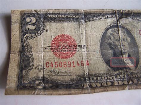 1928 D Series 2 Dollar Bill Red Seal / Large " Two