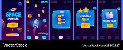 Gui app screens for space adventure game Vector Image