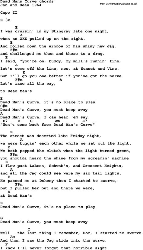 Song lyrics with guitar chords for Dead Man's Curve