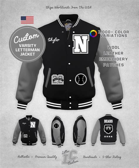 Custom Varsity Letterman Baseball Jacket Gray Leather & Black Wool High School Chenille Patches ...