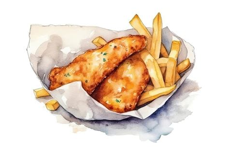 Premium Photo | Watercolor Drawing Fish And Chips On White Background Generative AI