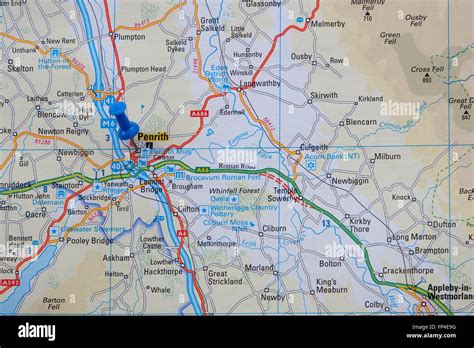 Road map of Cumbria, England, showing the roads and area around Penrith and with a map pin ...