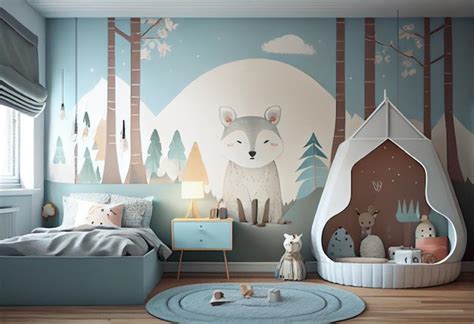 Premium AI Image | A bedroom with a large mural of a wolf and a ...