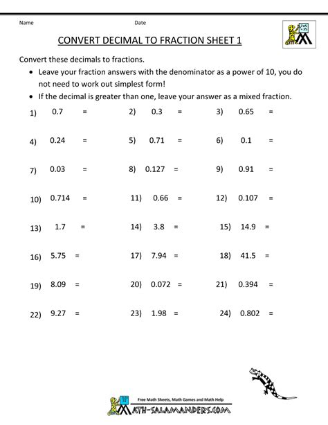 Converting Fractions To Decimals To Percentages Worksheet