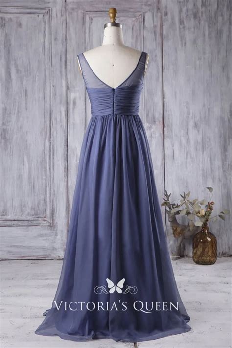 Ruched V-neck Ink Blue Chiffon Flowy Bridesmaid Dress - VQ