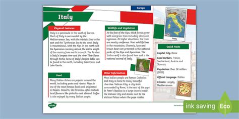 Italy KS2 Fact File - Geography - Europe (teacher made)