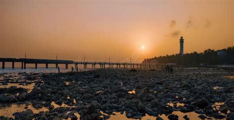 Lighthouse, Bridge, Low Tide and Orange Sunset View from Kavaratti Island Lakshadweep Stock ...