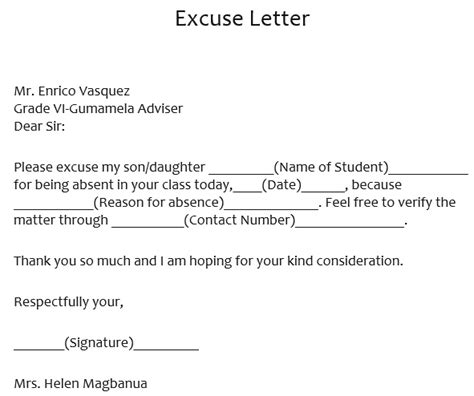 Excuse Letter For School For Being Sick