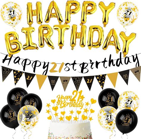 ADXCO 44 Pieces Black Gold 21st Birthday Banner Happy 21st Birthday Balloons Kit Birthday ...