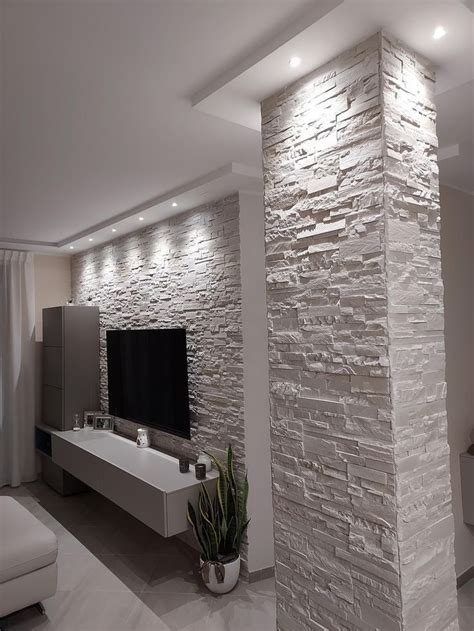 Modern stone wall decorating ideas | Living room wall design ideas | Stone wall interior design ...