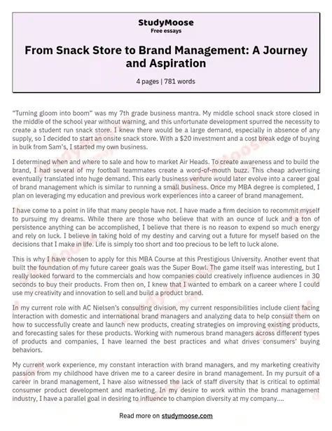 From Snack Store to Brand Management: A Journey and Aspiration Free Essay Example