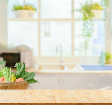 Premium Photo | Wood table top on blurred kitchen background | Kitchen background, Food ...