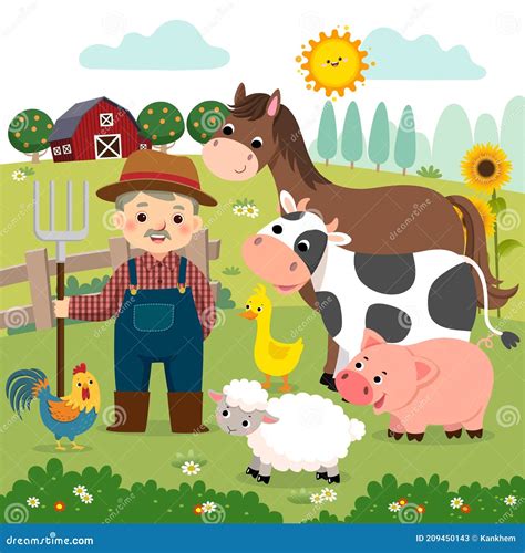 Cartoon of Old Farmer and Farm Animals on the Farm Stock Vector - Illustration of domestic ...