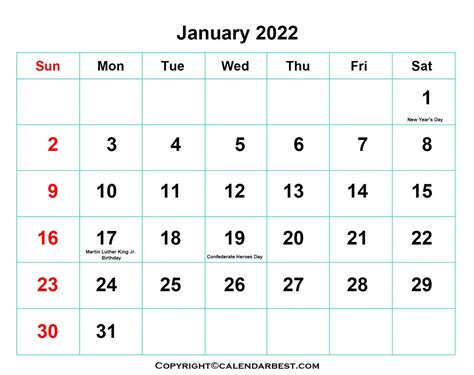 Free Printable January Calendar 2022 with Holidays