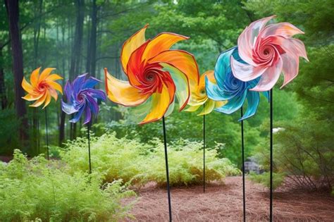 Premium AI Image | Colorful spinning wind sculptures in a garden created with generative ai