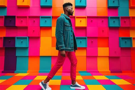 Premium AI Image | A man walks in front of a colorful wall that has a colorful background.