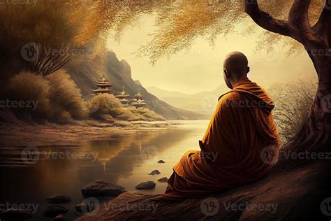 illustration of Buddhist monk in meditation beside the river with beautiful nature background ...