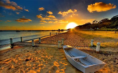 Sunset at the beach, boat, blue, natural, graphy, Fall, landscape, low, orange, beach, scenery ...