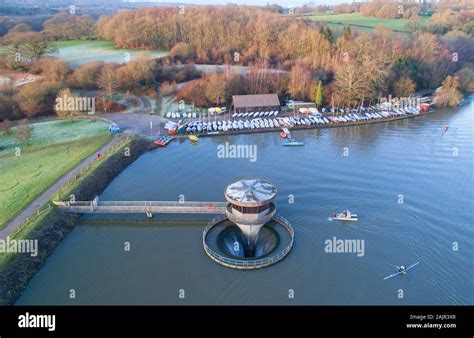 aerial view at first light of ardingly reservoir and the water sports ...