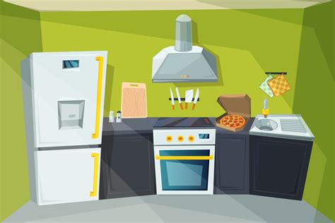 Cartoon illustration of kitchen interior with various modern furniture By ONYX | TheHungryJPEG