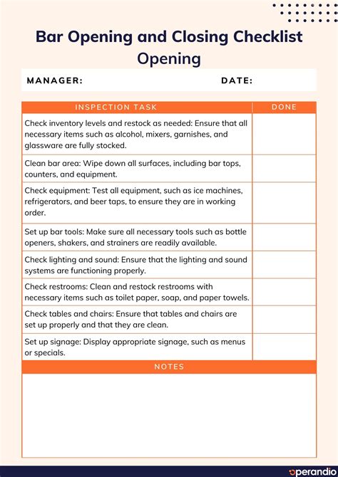 Bar Opening and Closing Checklist Template