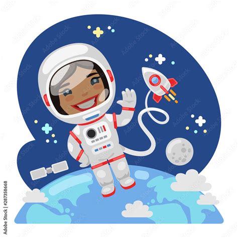 Cartoon astronaut in outer space above planet Earth near a rocket. Composition with a ...