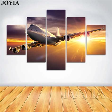 5 Piece Canvas Art Airplane Wall Painting Aircraft Picture Sunset Flying Passenger Plane ...