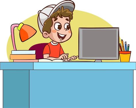 Premium Vector | Happy cute children studying on computer at table