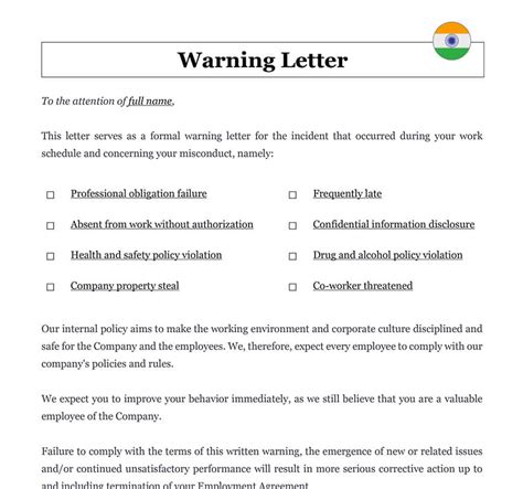 Employee Warning Letter in India | Download Word Template (.doc)