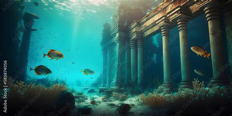 Ruins of Ancient city of Atlantis underwater of mythology. Generation ...