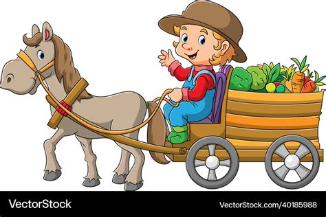 Farmer man with horse is pulling a cart full Vector Image