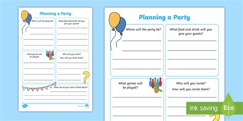 Party Planning Template PDF Worksheet - Parents